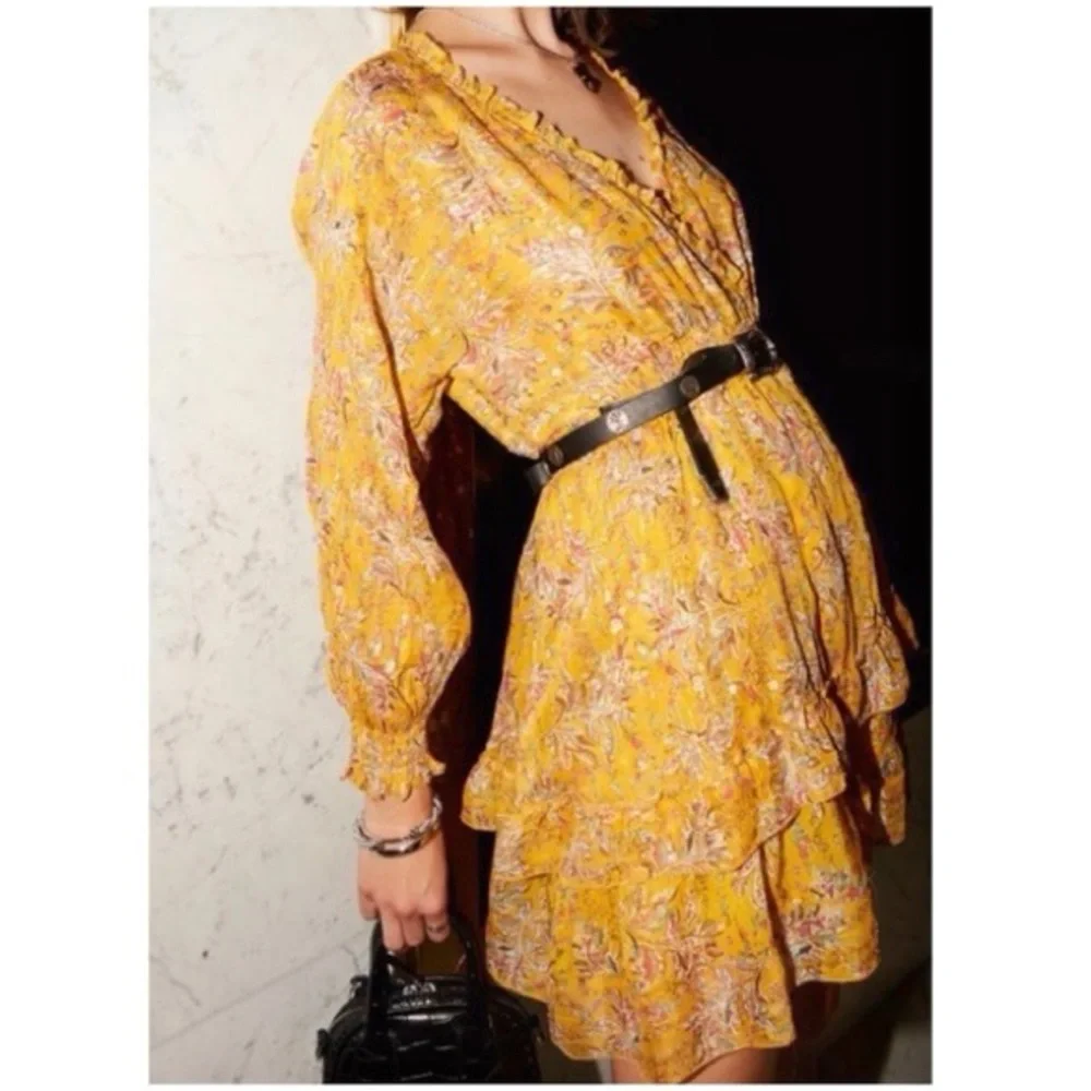 THE KOOPLES FEUILLE D’OR SILK FLORAL METALLIC GOLD YELLOW LONG SLEEVE MINI DRESS - Picture 14 of 15